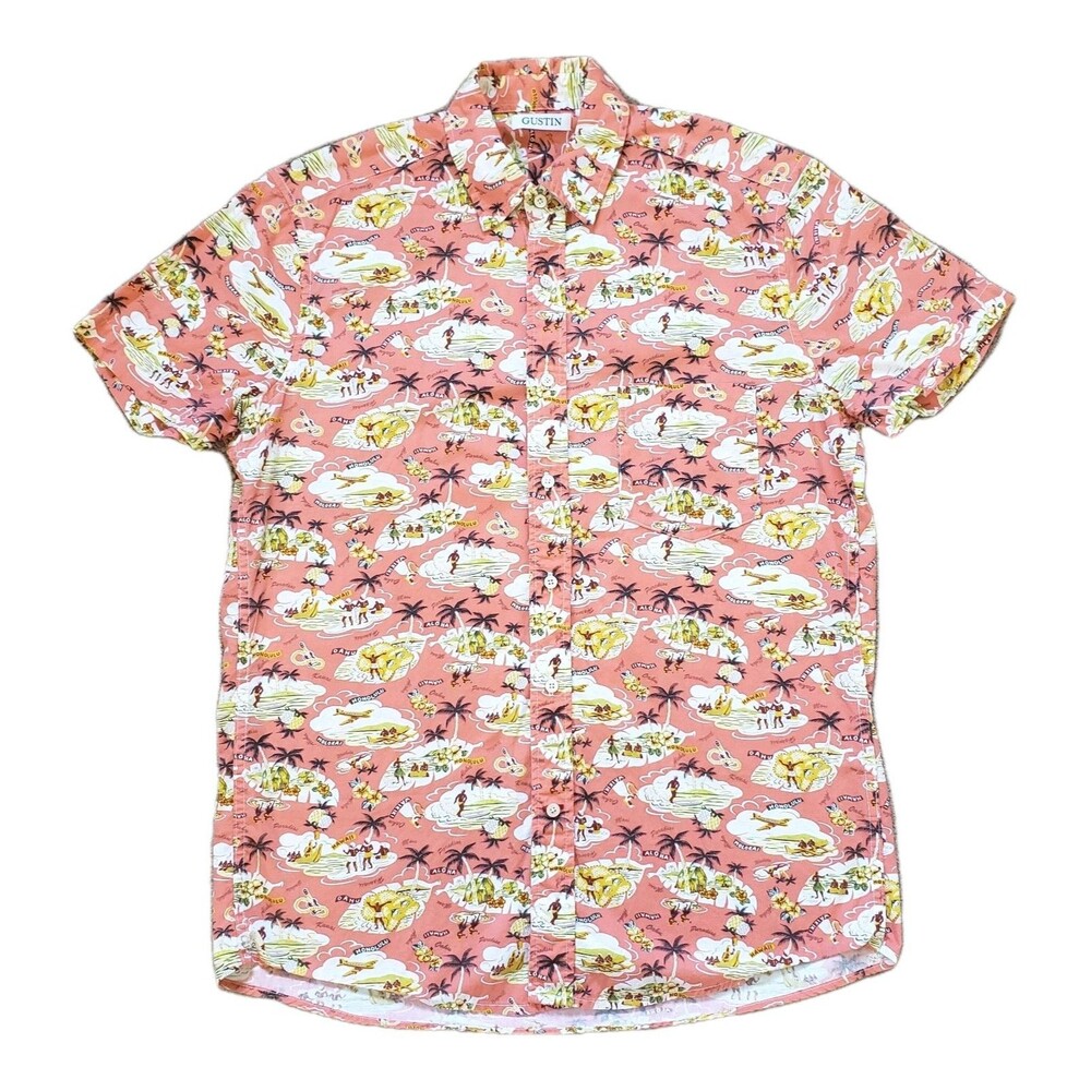 Gustin Hawaiian Button Up Sz Medium USA Made Mens Short Sleeve Shirt 100% Cotton